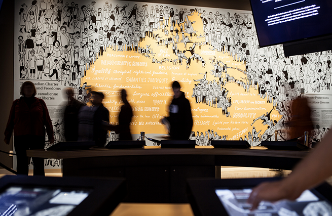 Visitors at the Protecting Rights in Canada Gallery. Photo: Aaron Cohen/CMHR