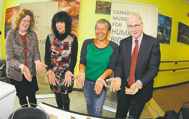 From left, Mary Reid, Lee-Ann Martin, Rebecca Belmore, and CEO of the CMHR, Stuart Murray announce the Trace project.