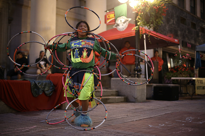 Theland Kicknosway hoop dancing for the opening night festivities of the Peoples' Social Forum.
