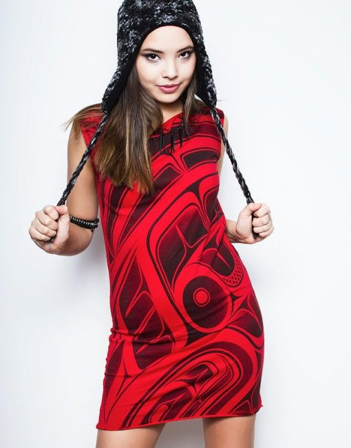 Red tunic with West Coast style Indigenous print | Image source: edzezeragallery.com