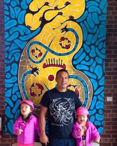 Artist Shaun Hedican and daughters at the opening of his Halftone Empire exhibition in Thunder Bay | Image source: Shaun Hedican