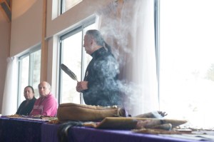 Ken Maracle (Cayuga) and Maurice Switzer (Mississauga) as they led a special Wampum Weaving Stories workshop | Image credit: Matt McGregor